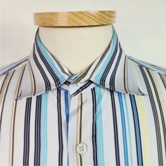 Ted Baker Large Multi Color Striped Cotton Button Front Shirt Made in Portugal - Picture 3 of 6